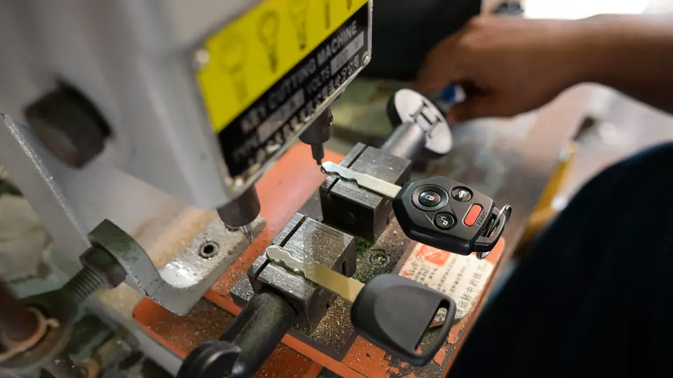 A car key and a blank key clamped side by side in a key cutting machine, ready to be copied