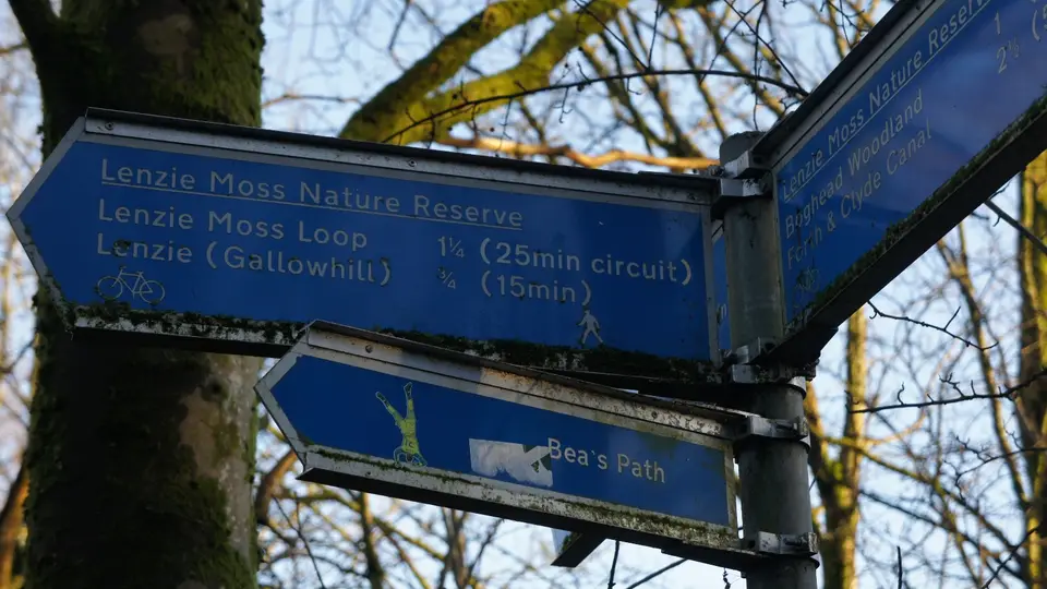 Blue metal signposts on a pole pointing to different paths in a nature reserve