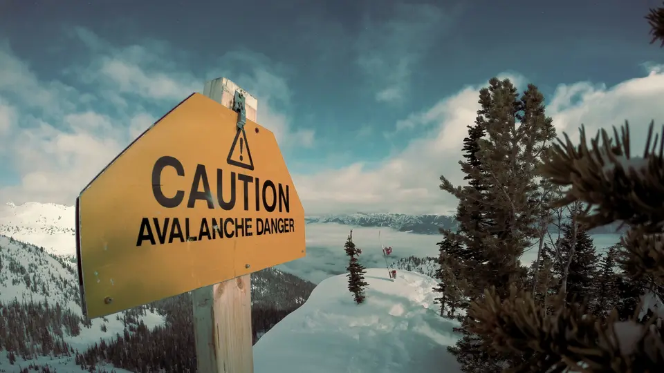 A yellow caution sign warning of avalanche danger beside a snowy slope with pine trees.