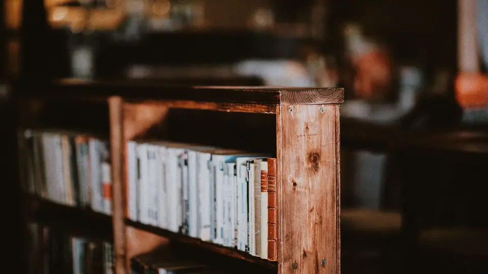A wooden bookcase in a dimly lit room, holding a row of pale, well-worn paperback books, with warm lights blurred in the background.