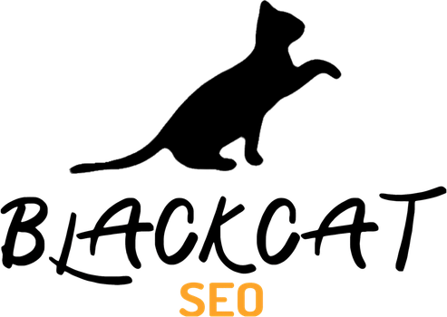 Blackcat SEO logo: a black cat silhouette pawing the air above the handwritten word "Blackcat" and an orange "SEO"