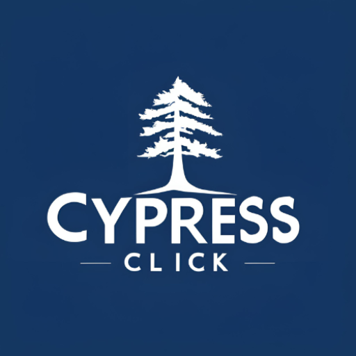 Cypress Click logo: a white cypress tree above the words "Cypress Click" on a dark navy square