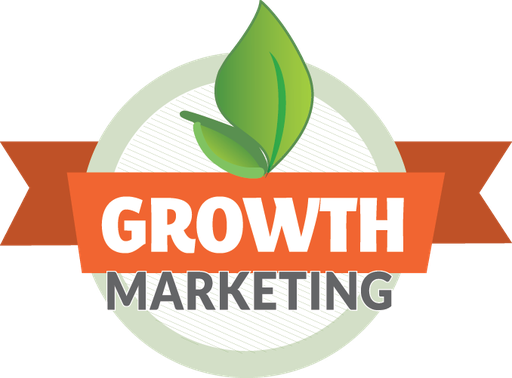 Growth Marketing logo: a green leaf above an orange ribbon reading "Growth" with "Marketing" beneath, in a round green wreath