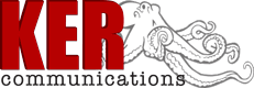 KER Communications logo: the letters "KER" in dark red with a grey octopus sketch, above the word "communications"