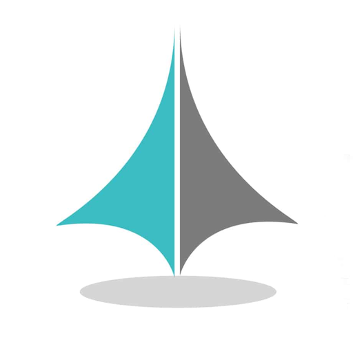 On First Page logo: a teal and grey pair of tall pointed shapes standing on a grey ellipse