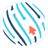 Online World Solutions logo: a round globe of blue curved lines with an orange cursor arrow at the centre