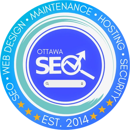 Ottawa SEO Inc. logo: a round blue badge with "SEO" and an upward arrow at the centre, ringed by the words "Web Design, Maintenance, Hosting, Security" and "Est. 2014"