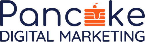 Pancake Digital Marketing logo: the word "Pancake" in navy with an orange stack of pancakes forming the letter A, above "Digital Marketing" in navy capitals