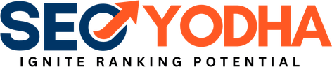 SEO Yodha logo: the word "SEO" in dark blue with an orange upward arrow, followed by "YODHA" in orange, with the tagline "Ignite ranking potential" below
