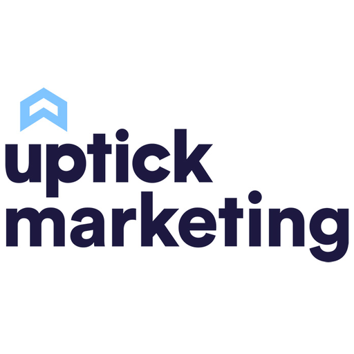 Uptick Marketing logo: a small blue upward arrow above the words "uptick marketing" in navy