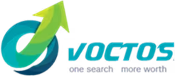 Voctos logo: a teal and green swirl with an upward arrow beside the word "VOCTOS" in teal italics, with the tagline "one search more worth"