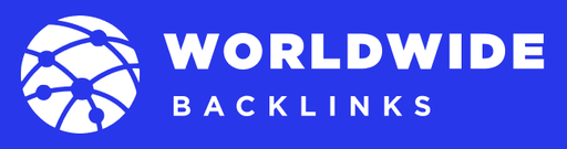 Worldwide Backlinks logo: a white globe made of connected nodes beside the words "WORLDWIDE BACKLINKS" in white capitals on a bright blue band