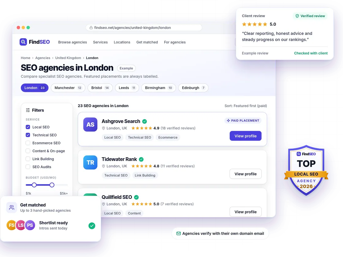 Example FindSEO listing page for SEO agencies in London, with a verified client review, a Get matched shortlist and a Top Local SEO award badge