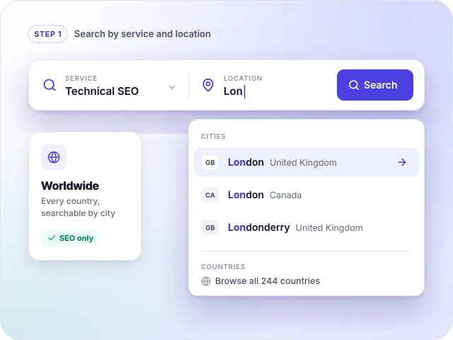Searching FindSEO by service and location, with matching cities such as London, United Kingdom