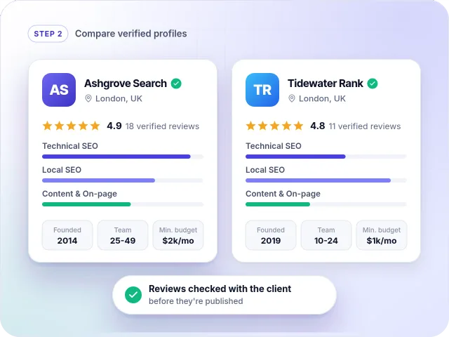Two example SEO agency profiles compared side by side, with ratings from verified reviews, service focus and pricing
