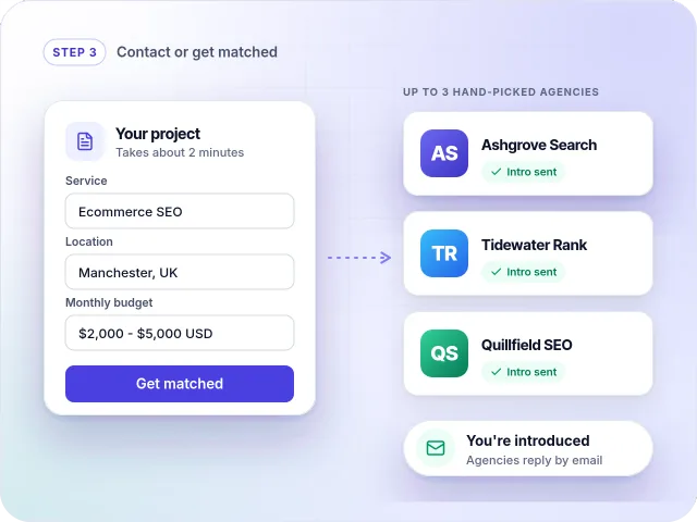 A project brief sent through Get matched, with introductions to three hand-picked SEO agencies